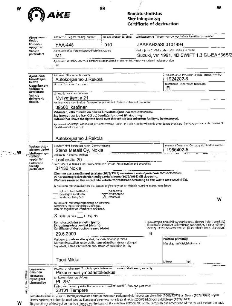 Romutustodistus Swift
